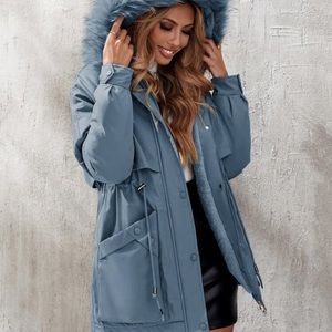 Fur lined hooded utility jacket snow winter coat light blue